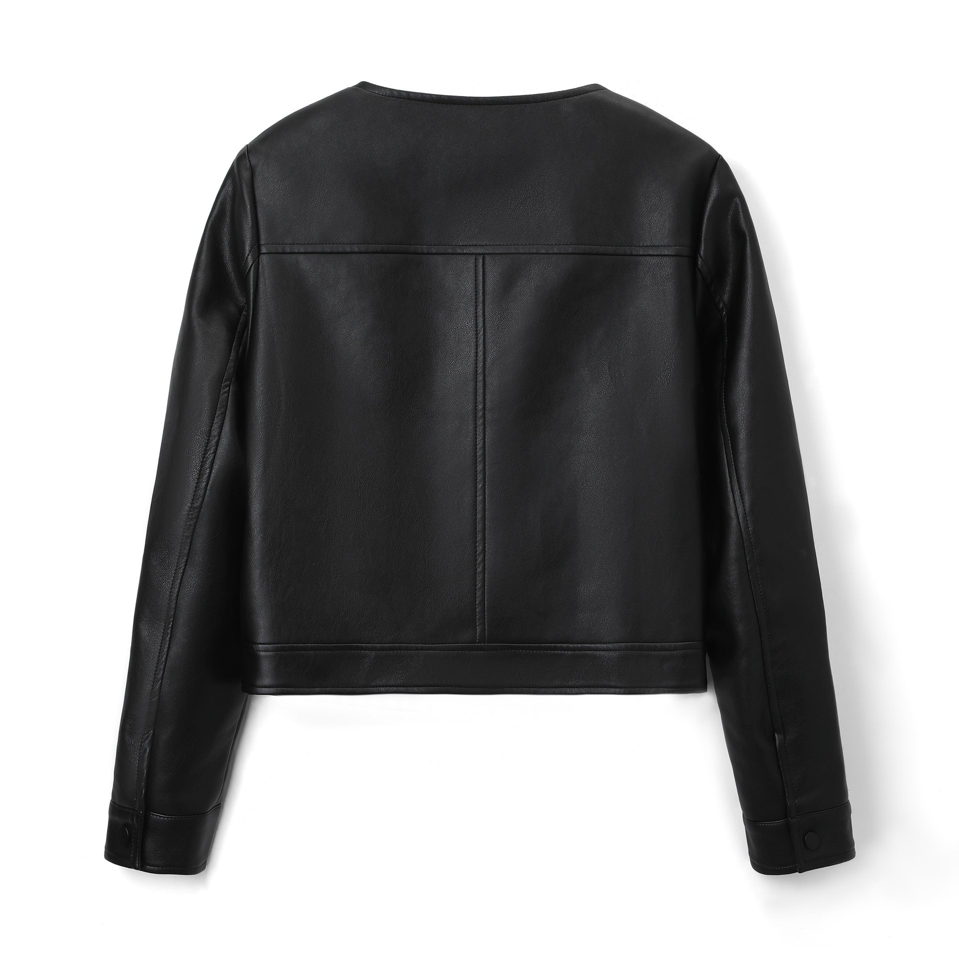 Women's short jacket made of faux leather with round neck, snap button closure and patch pockets Chichicherry