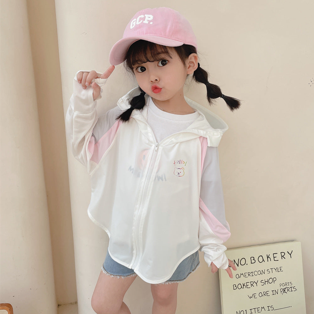 Unisex nan ultralight children's sun protection jacket with hood, zipper, mesh lining, and bear embroidery Chichicherry