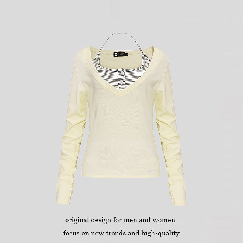 Women's long sleeve shirt with double layer effect, deep V-neck and striped insert Chichicherry