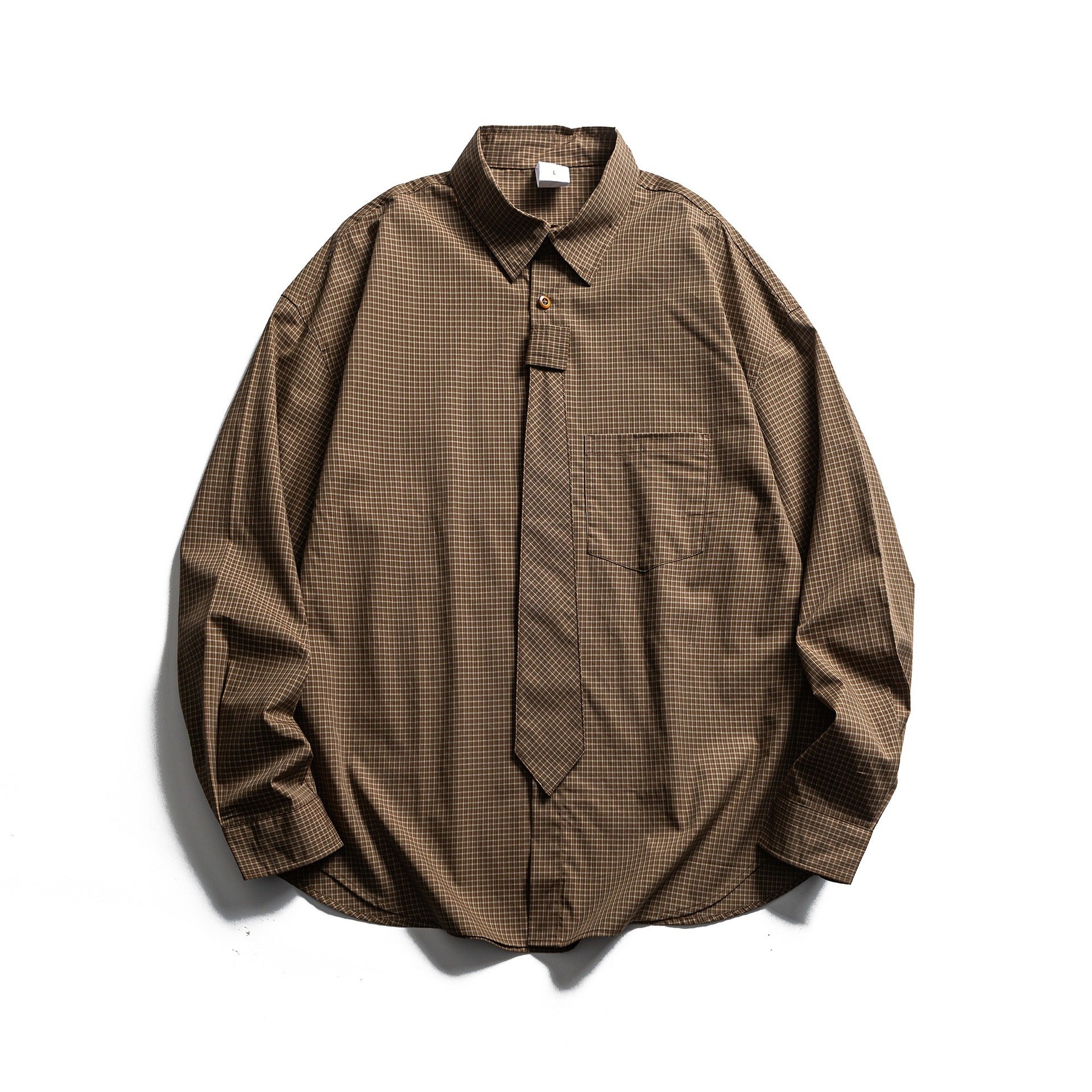 Men's Checkered Long Sleeve Shirt with Integrated Tie Placket Chichicherry