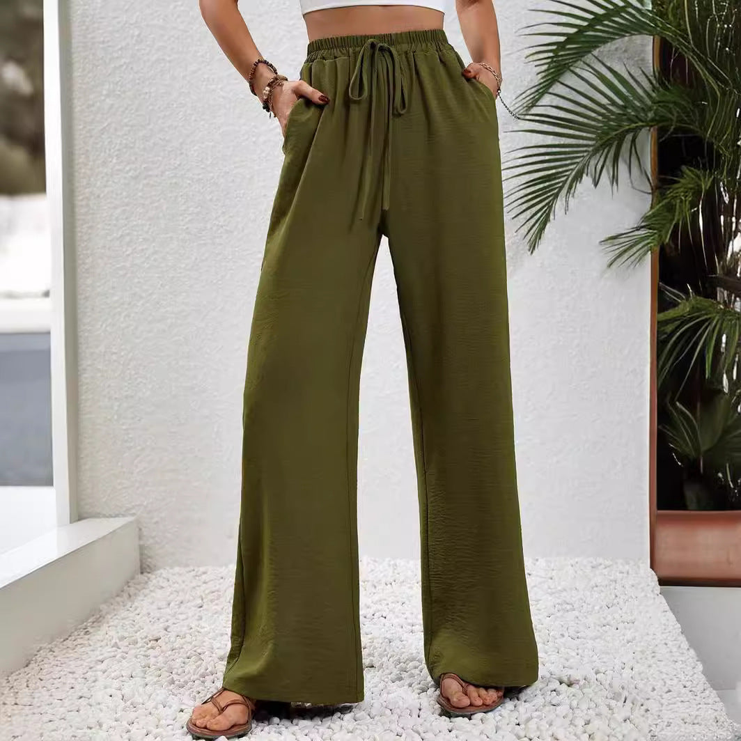 Women Wide Palazzo Pants with High Elastic Waistband, Drawstring and Side Pockets Chichicherry