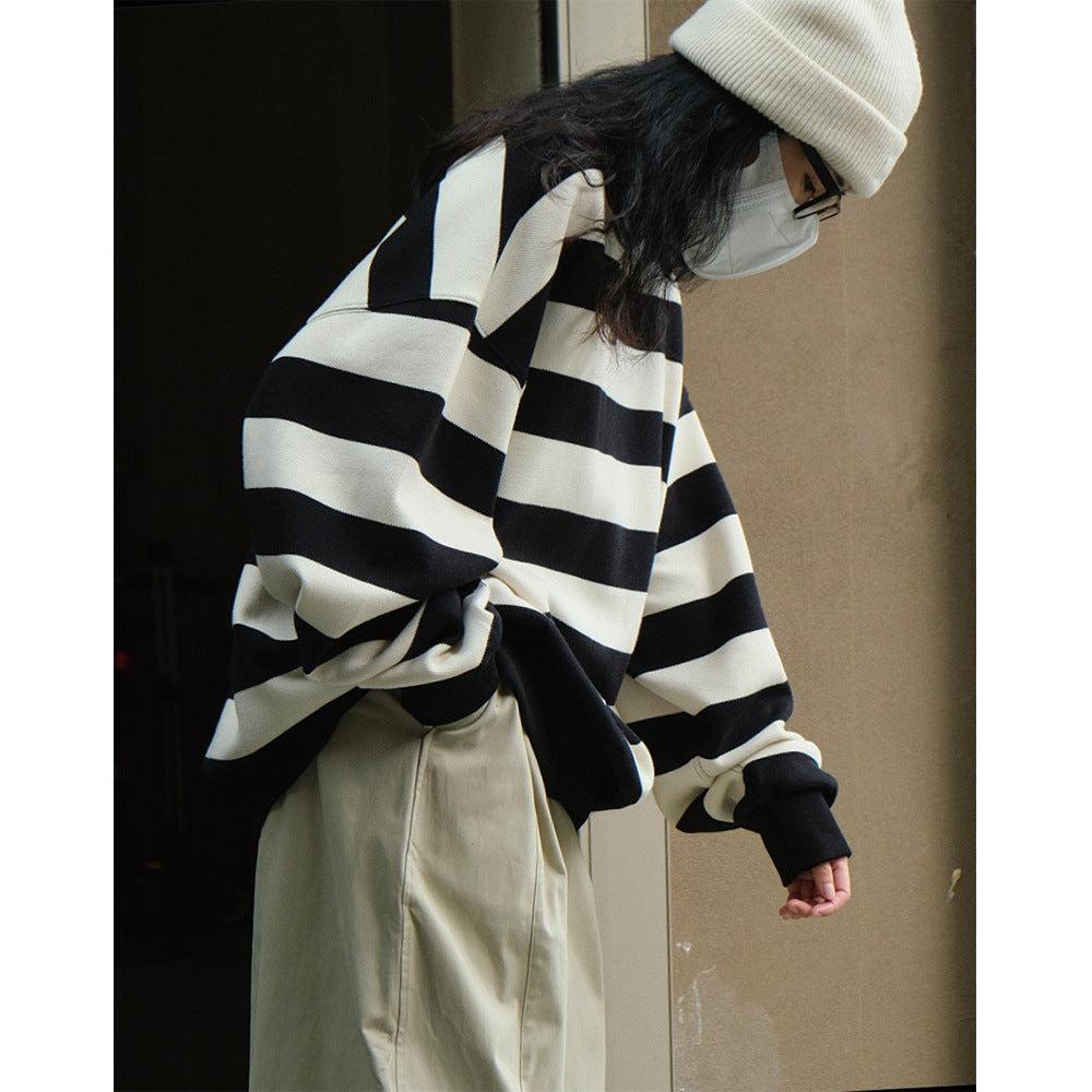 Women’s Oversized Cotton Blend Knit Sweater with Wide Block Stripes and Dropped Shoulder Chichicherry