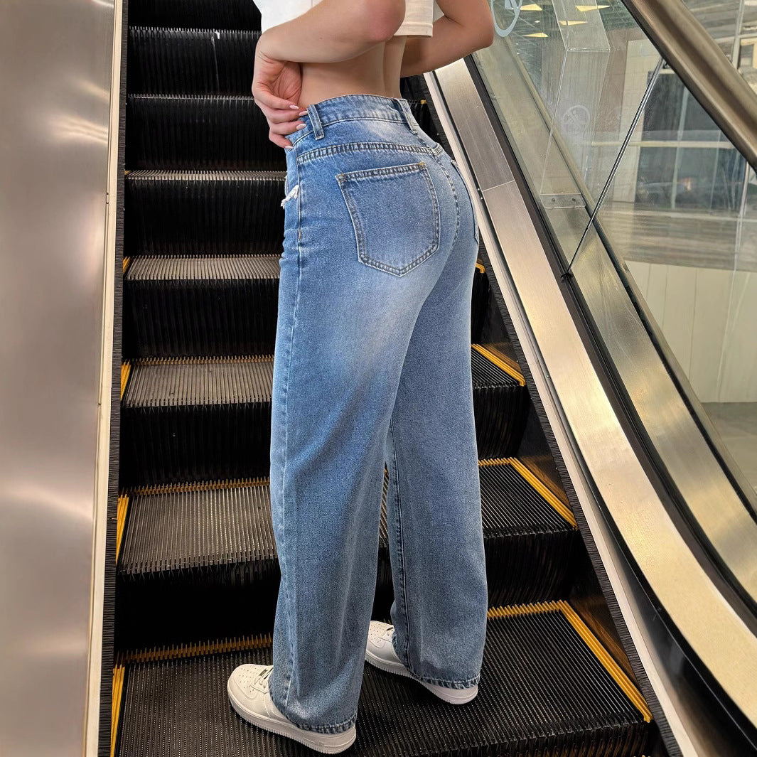 Ladies high-waisted wide jeans pants with straight leg and lace trim Chichicherry