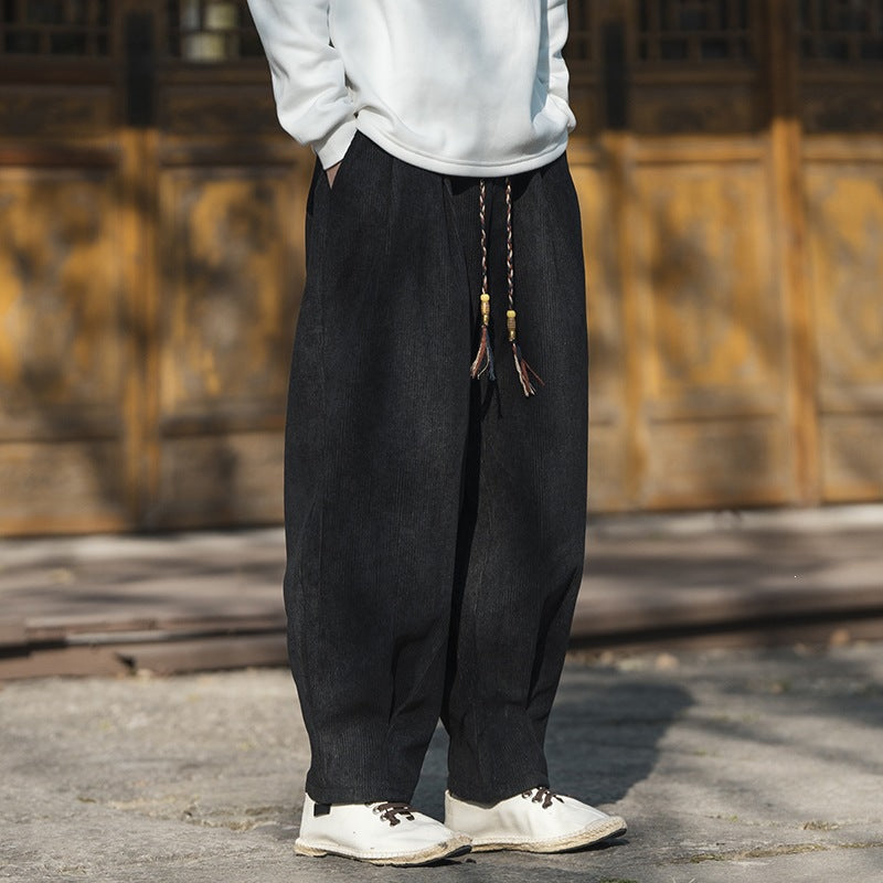 Men's Wide Cut Corduroy Trousers with Drawstring, Pleats and Relaxed Fit Chichicherry
