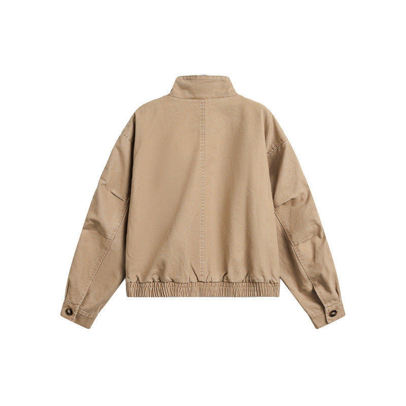 Unisex Short Cut Boxy Canvas Blouson Jacket with Funnel Collar, Patch Flap Pockets and Elastic Hem Chichicherry