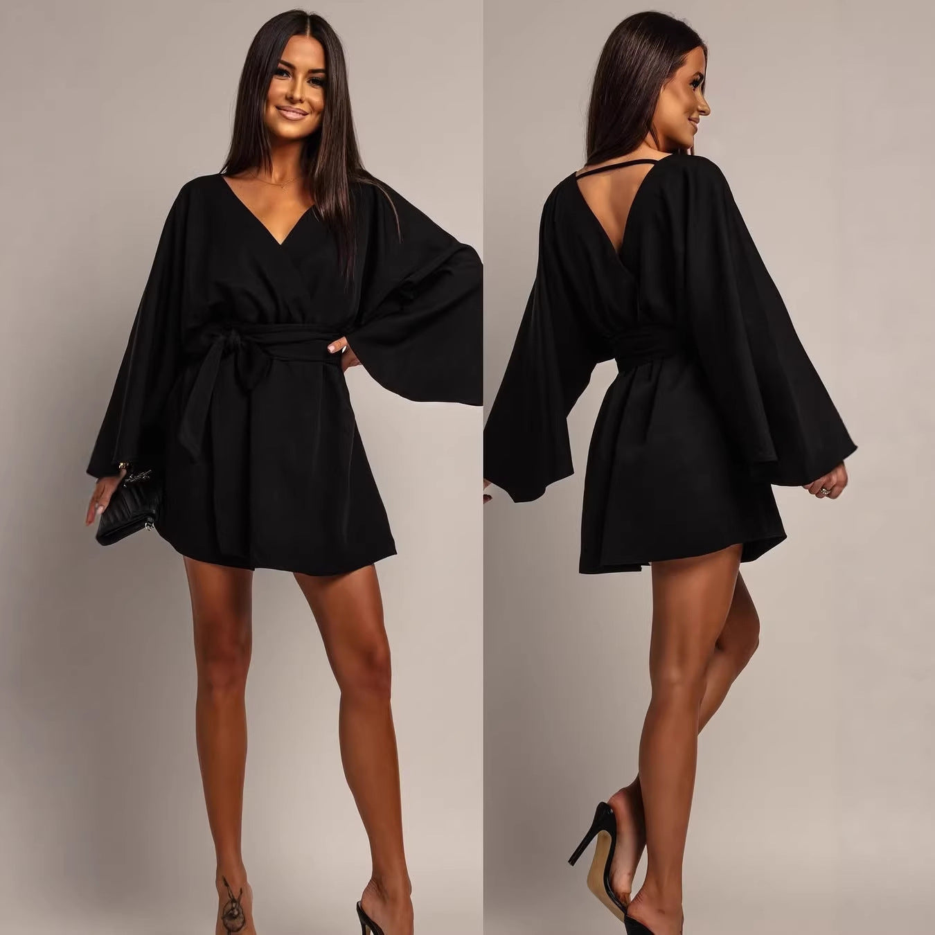 Damen Wickel-Minikleid mit Kimonoärmeln und Taillengürtel Chichicherry