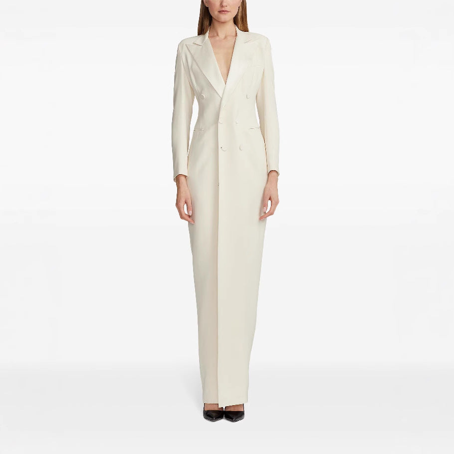 Women’s Long Tuxedo Jacket Dress with Fitted Cut and Leg Slit Chichicherry