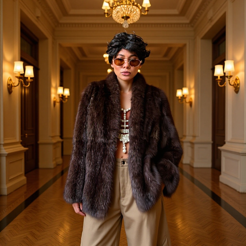 Ladies short fur coat with kimono sleeves and stand-up collar Chichicherry