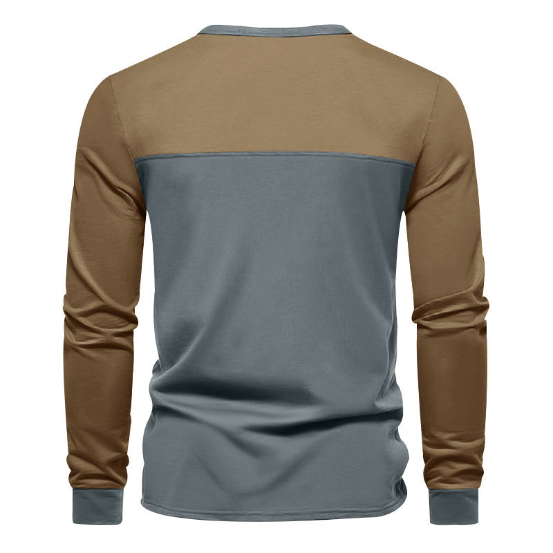 Men's Modern Henley Shirt with Color Block Shoulder and Half Button Placket Chichicherry