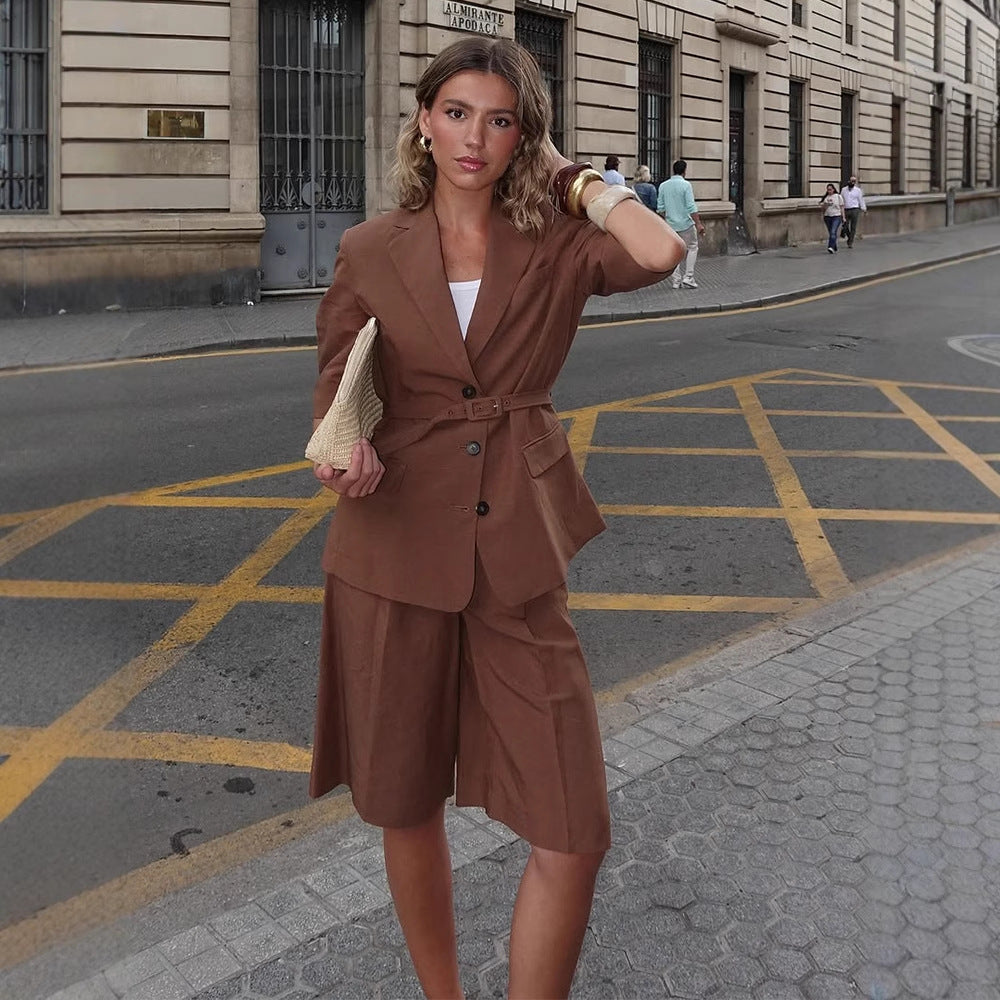 Women’s linen blend tailored blazer with belt, 3/4 sleeves & flap pockets Chichicherry