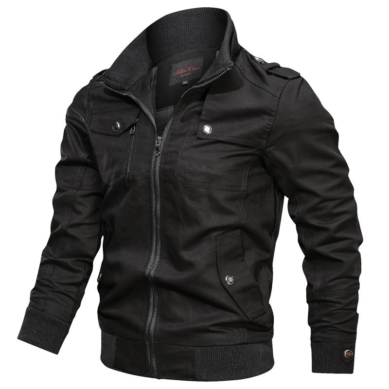 Men's Canvas Field Bomber Jacket with Ribbed Collar, Shoulder Flaps and Multi-Pockets Chichicherry
