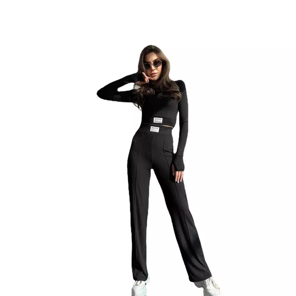 Damen Geripptes Zweiteiliges Loungewear-Set mit kurzem Langarmtop und High-Waist Weitbein-Hose Chichicherry
