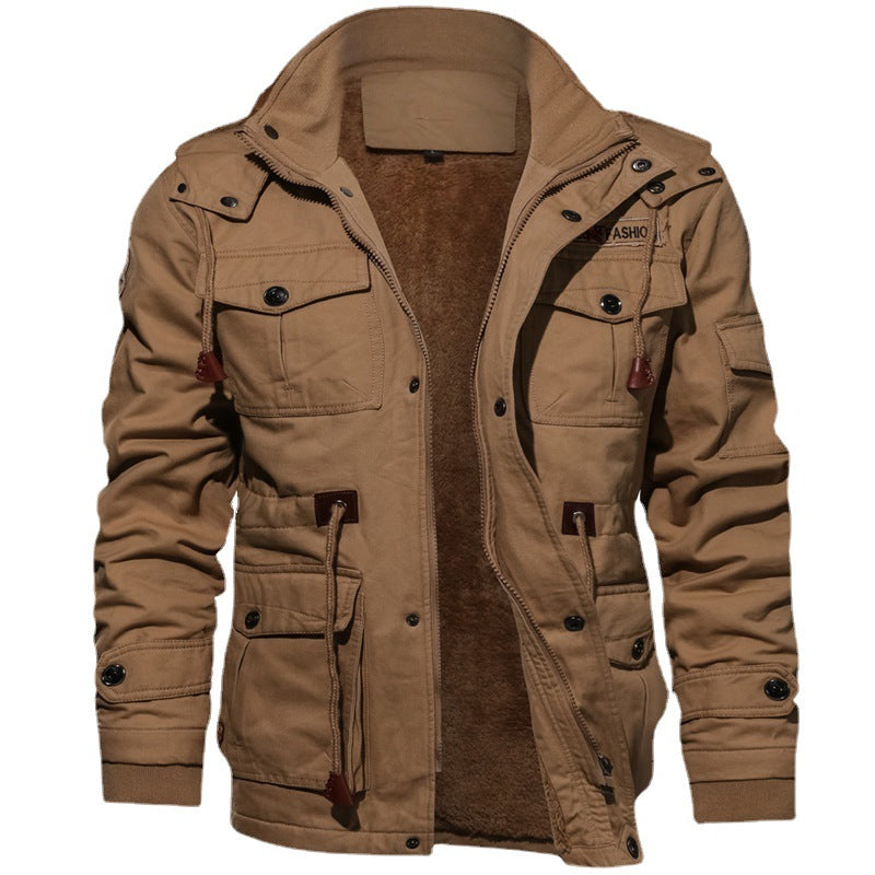 Men's windproof multifunctional field jacket made of canvas with warming teddy plush lining and adjustable drawstring hood