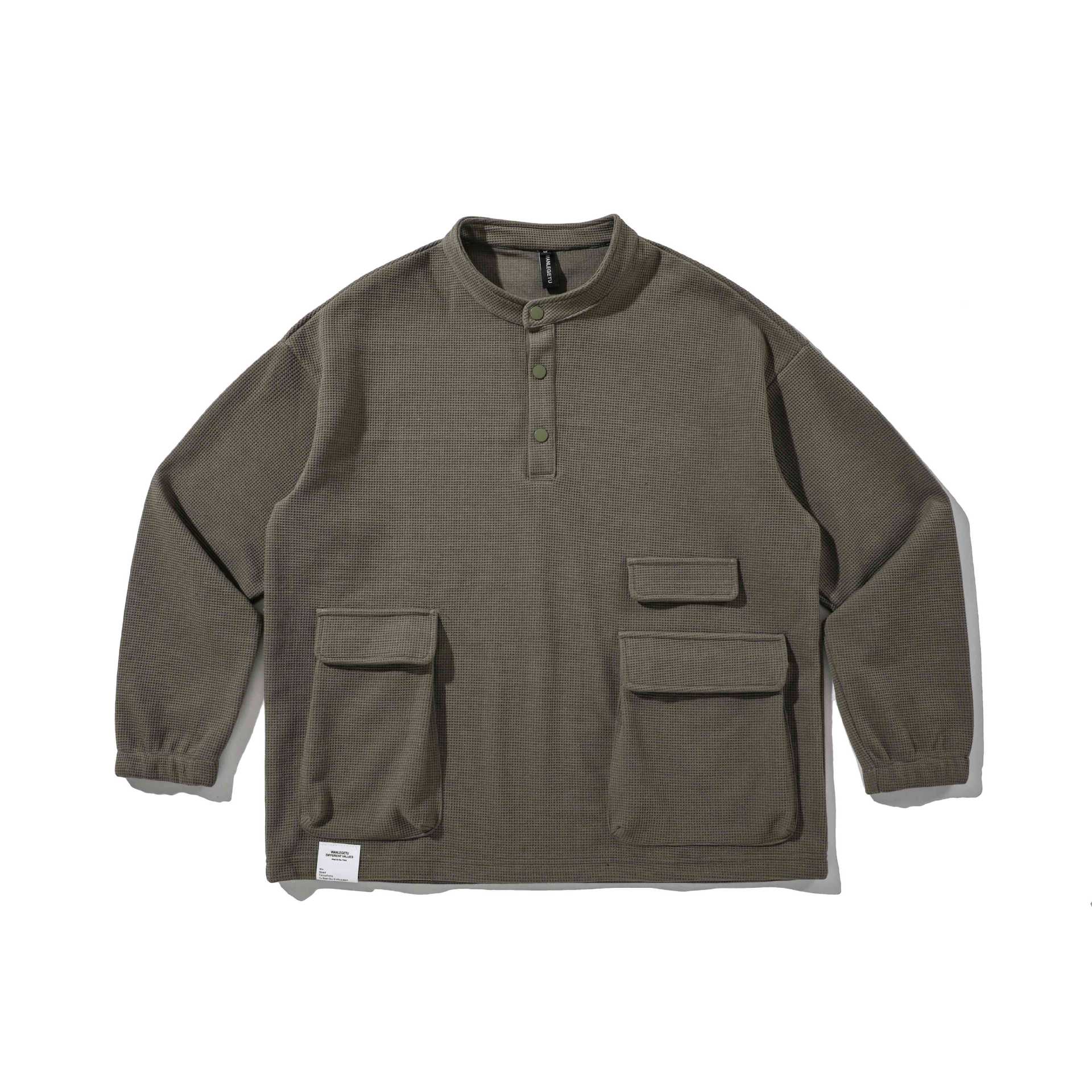 Men's Waffle Knit Henley Sweater with Stand Collar, Snap Placket, and Large Utility Pockets Chichicherry