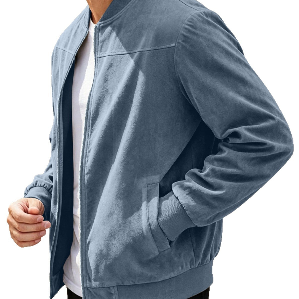 Men's suede bomber jacket with stand-up collar, ribbed cuffs, and full zip Chichicherry