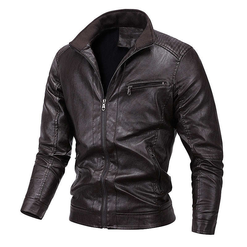 Men's faux leather moto jacket with stand-up collar, distinctive quilted design, and zip pockets Chichicherry