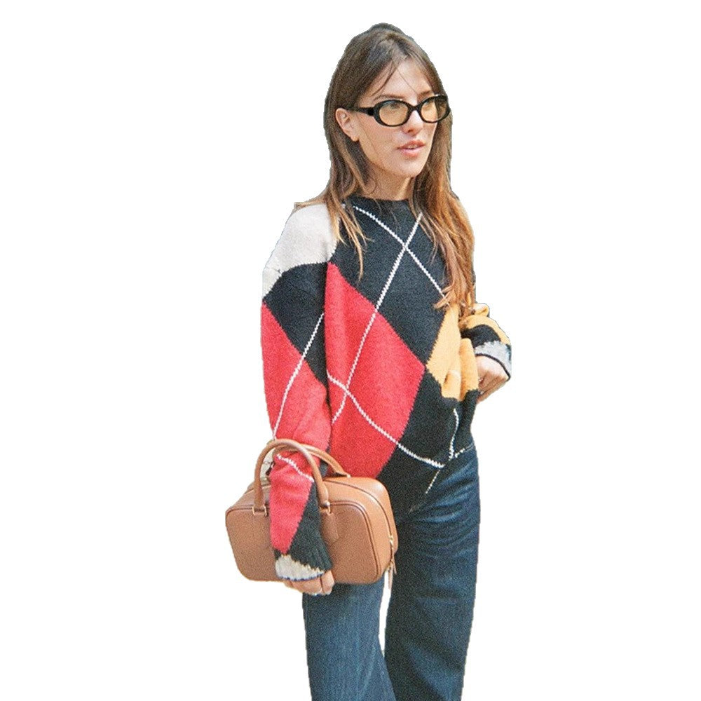 Women's Oversize Argyle Sweater made from Mohair Blend with Round Neck and Contrasting Diamond Details Chichicherry