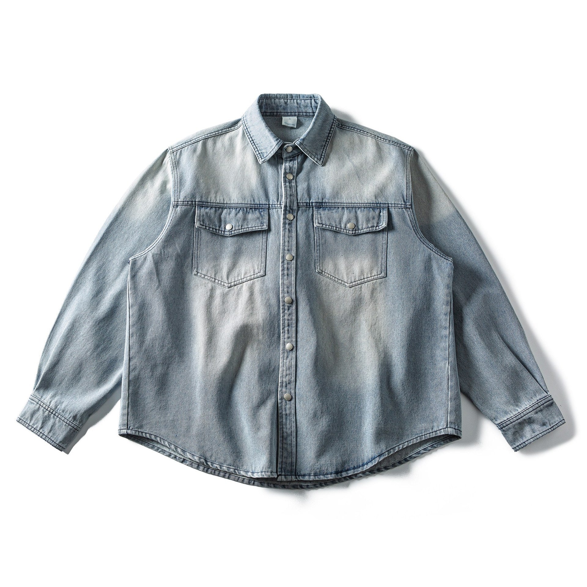 Women's Wide Denim Jacket in Oversized Cut with Snap Button Placket, Western Chest Pockets and Rounded Hem Chichicherry
