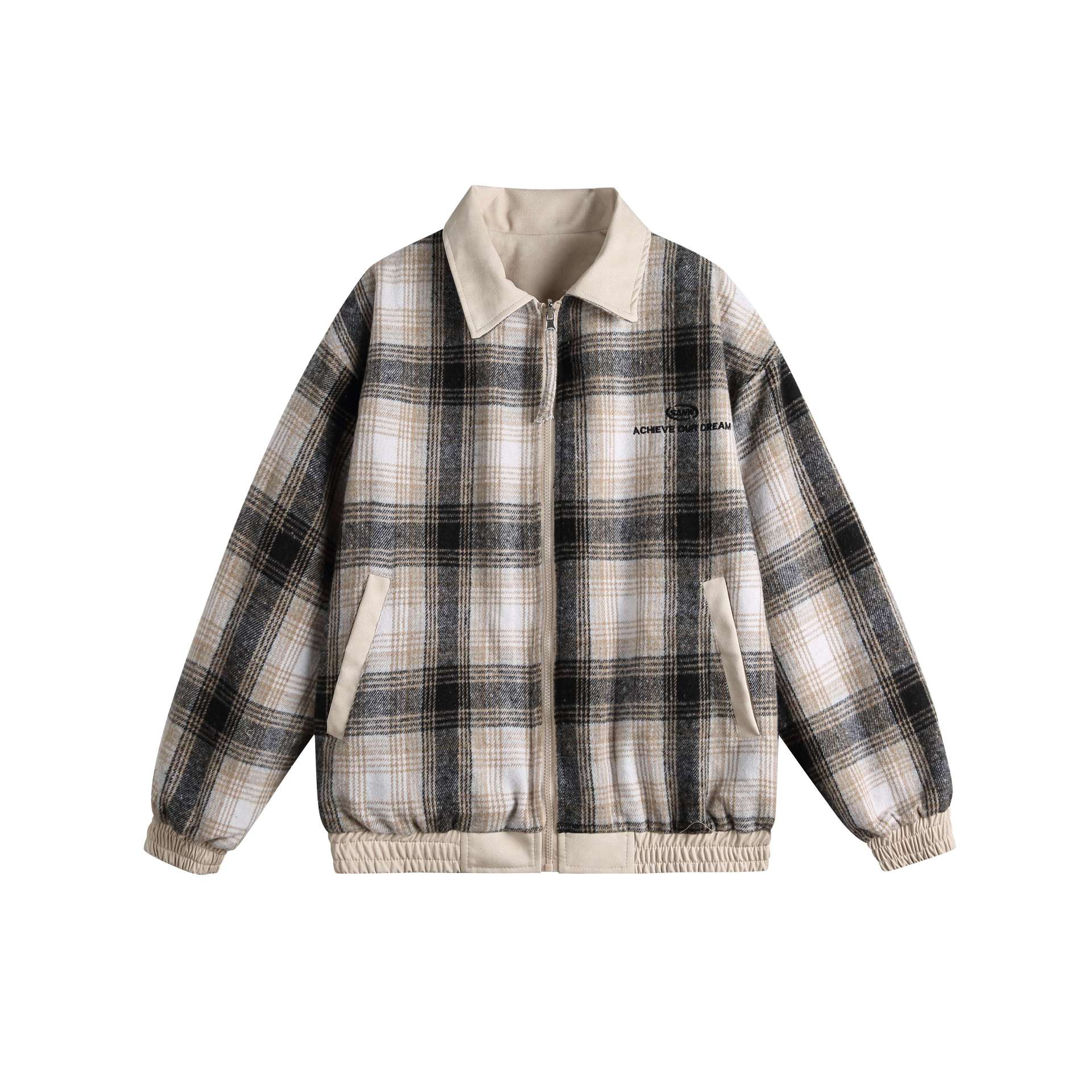 Women's short cut boxy jacket in suede look with checked collar and elastic hem Chichicherry