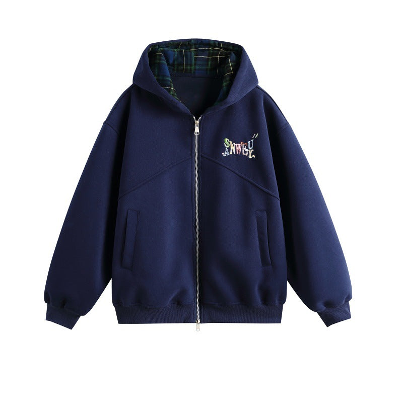 Women's hooded sweatshirt jacket in boxy cut with checked lined hood and subtle embroidery Chichicherry