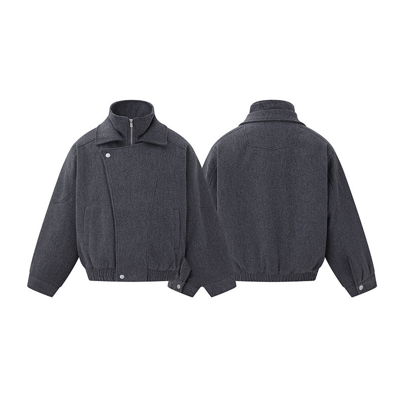 Men's Boxy Wool Blend Blouson Jacket with Asymmetric Double Fastening and High Stand-Up Collar Chichicherry
