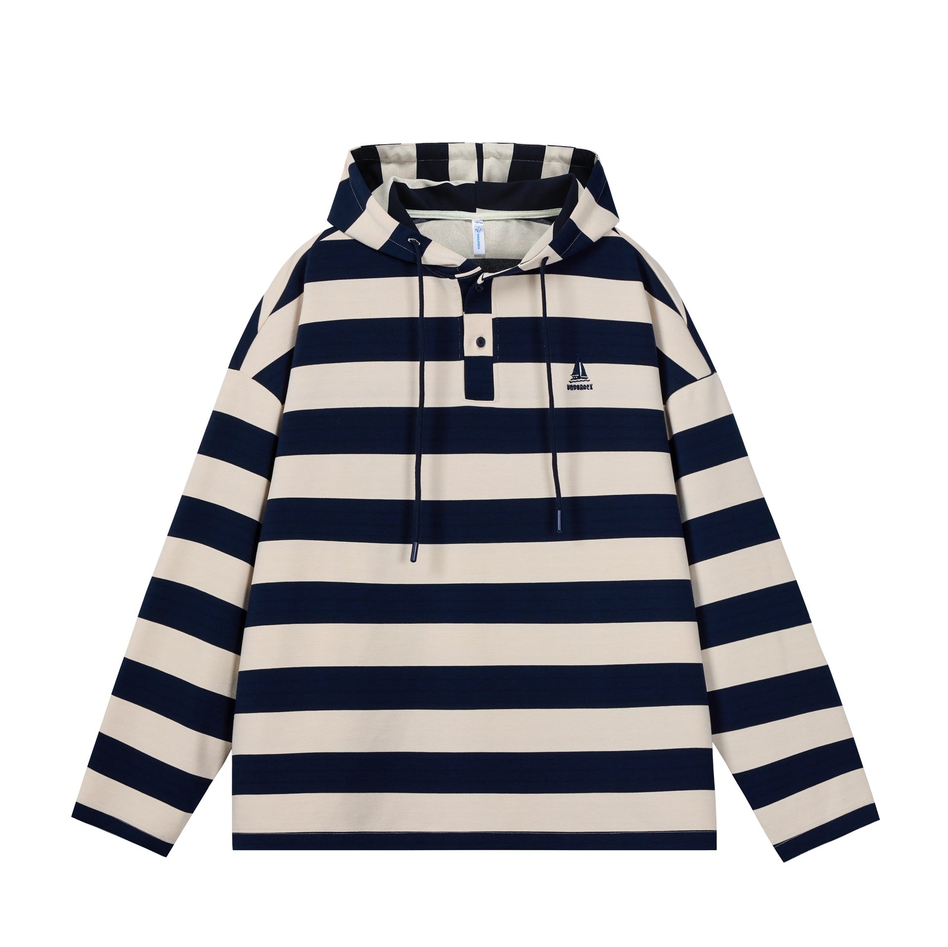 Men's Striped Hooded Rugby Shirt in Oversized Cut with Placket Chichicherry