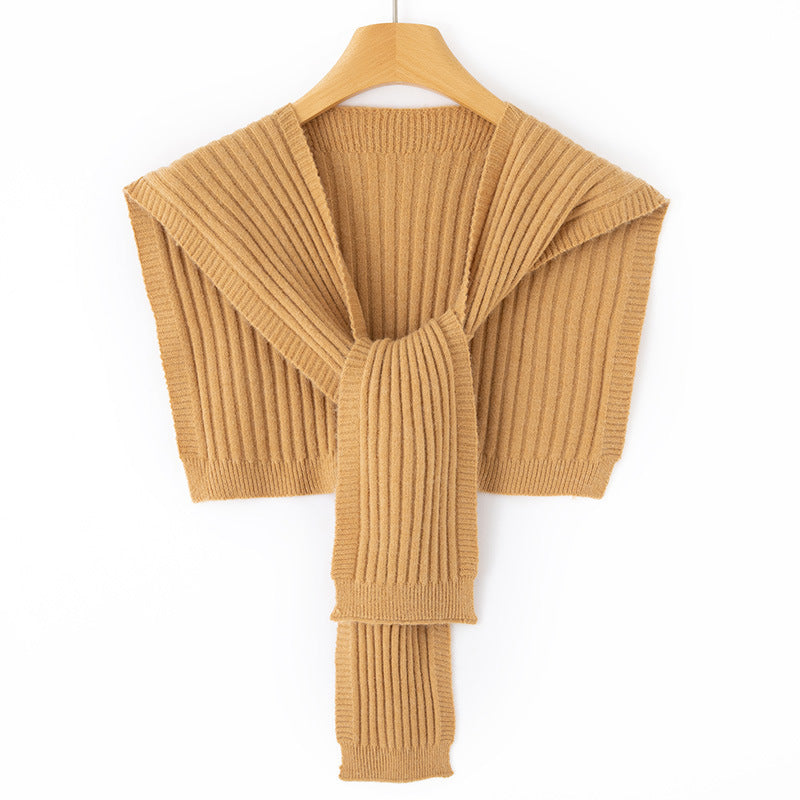 Ladies Short Ribbed Knit Shoulder Warmer with Integrated Scarf Chichicherry