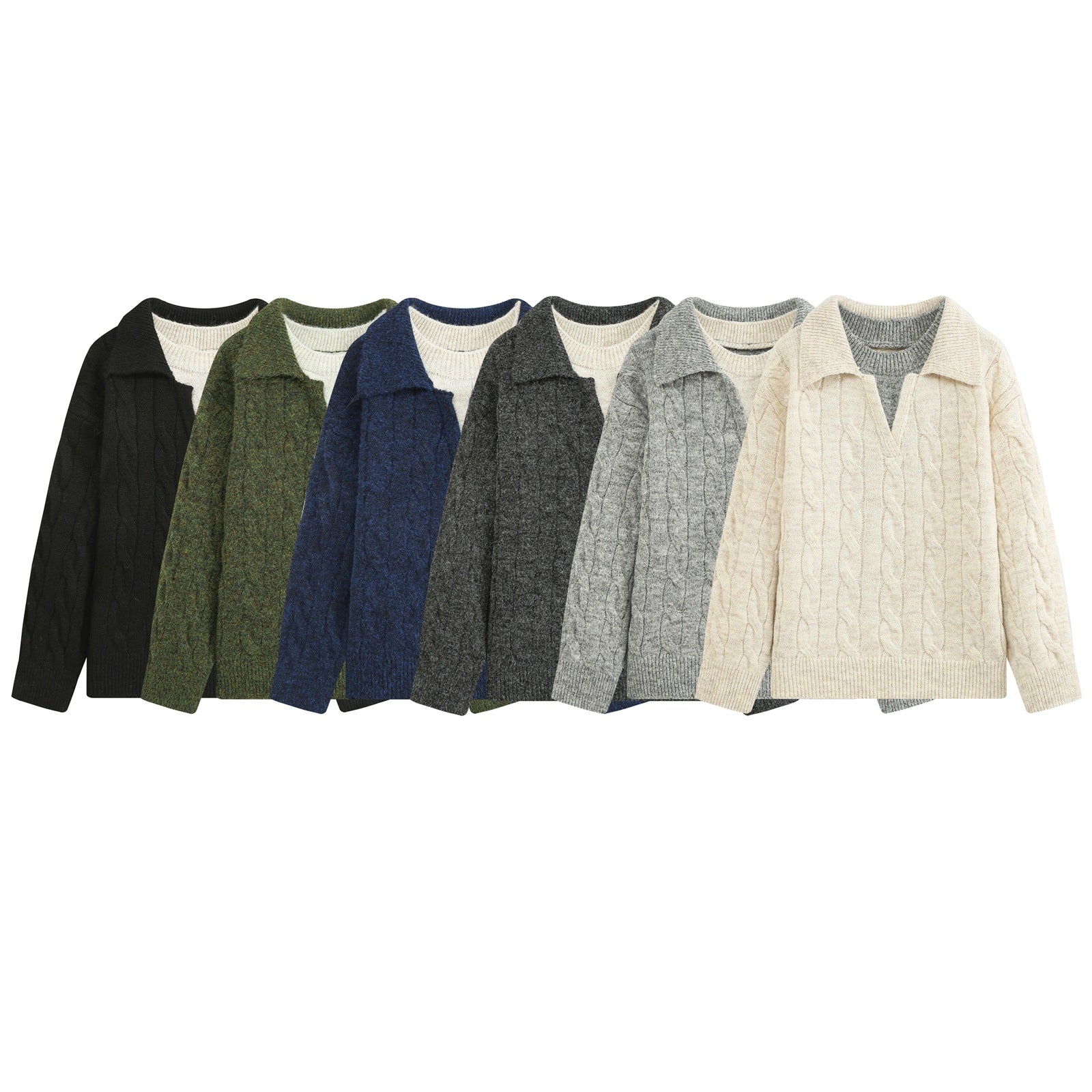 Women’s Coarse Knit Cable Pattern Sweater with Open Polo Collar and V-Neck Chichicherry