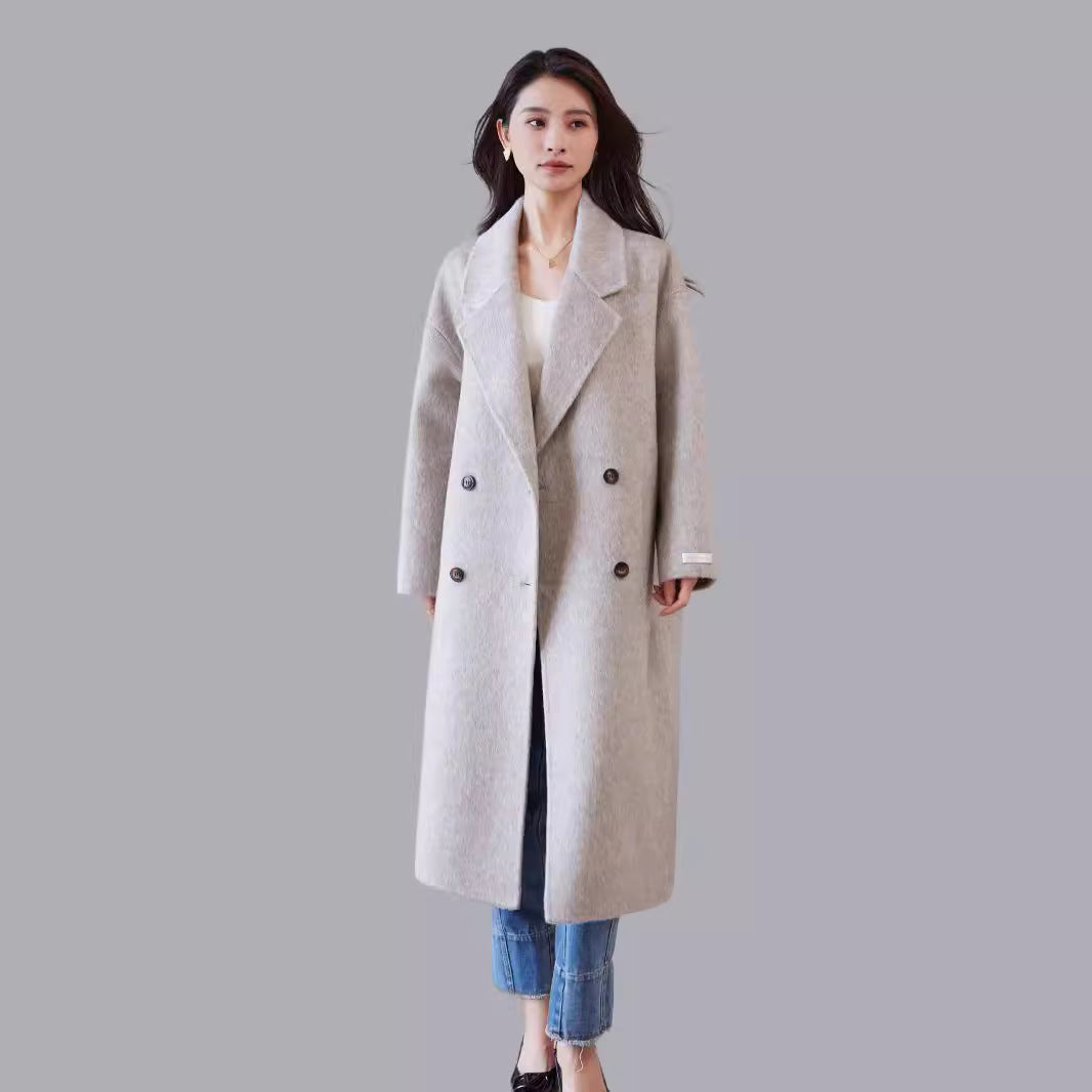 Women's oversized wool blend coat with wide lapels and double-breasted button placket Chichicherry