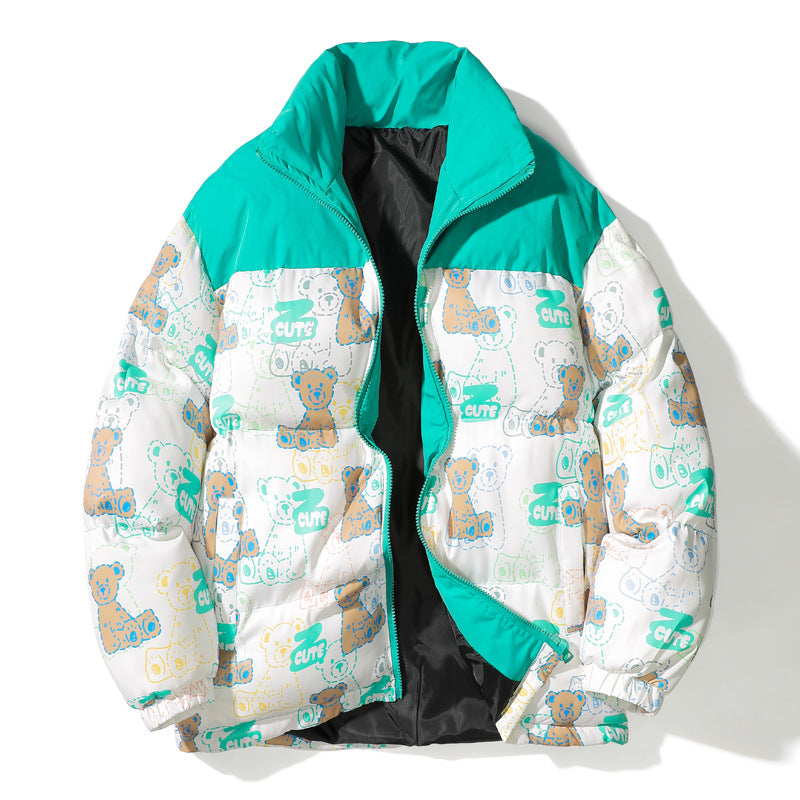 Unisex Quilted Teddy-Print Puffer Jacket with High Collar Chichicherry