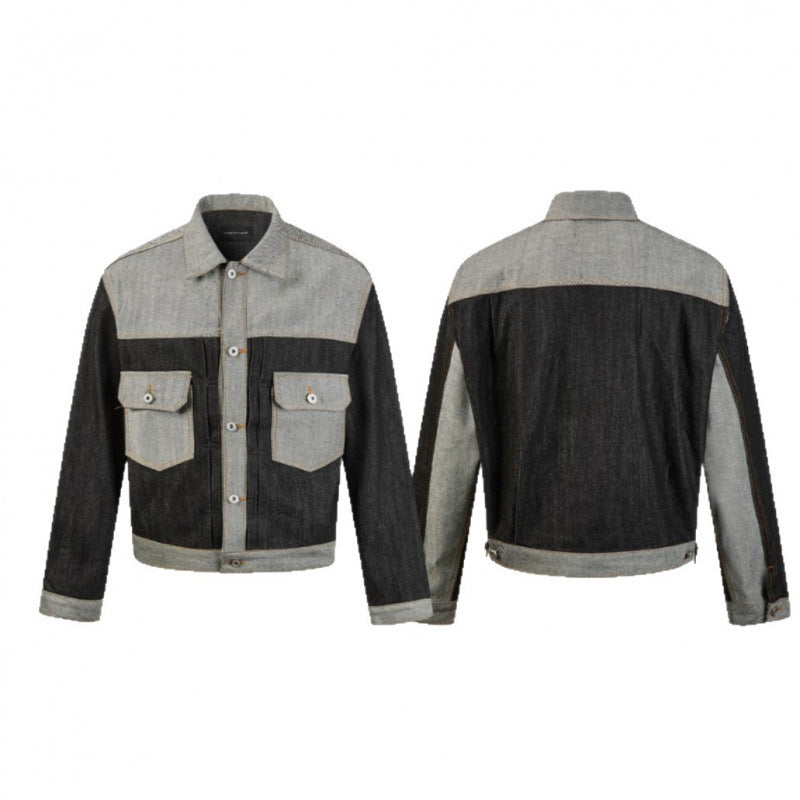 Men's cropped patchwork denim jacket with flap pockets and constructive seam guidance Chichicherry