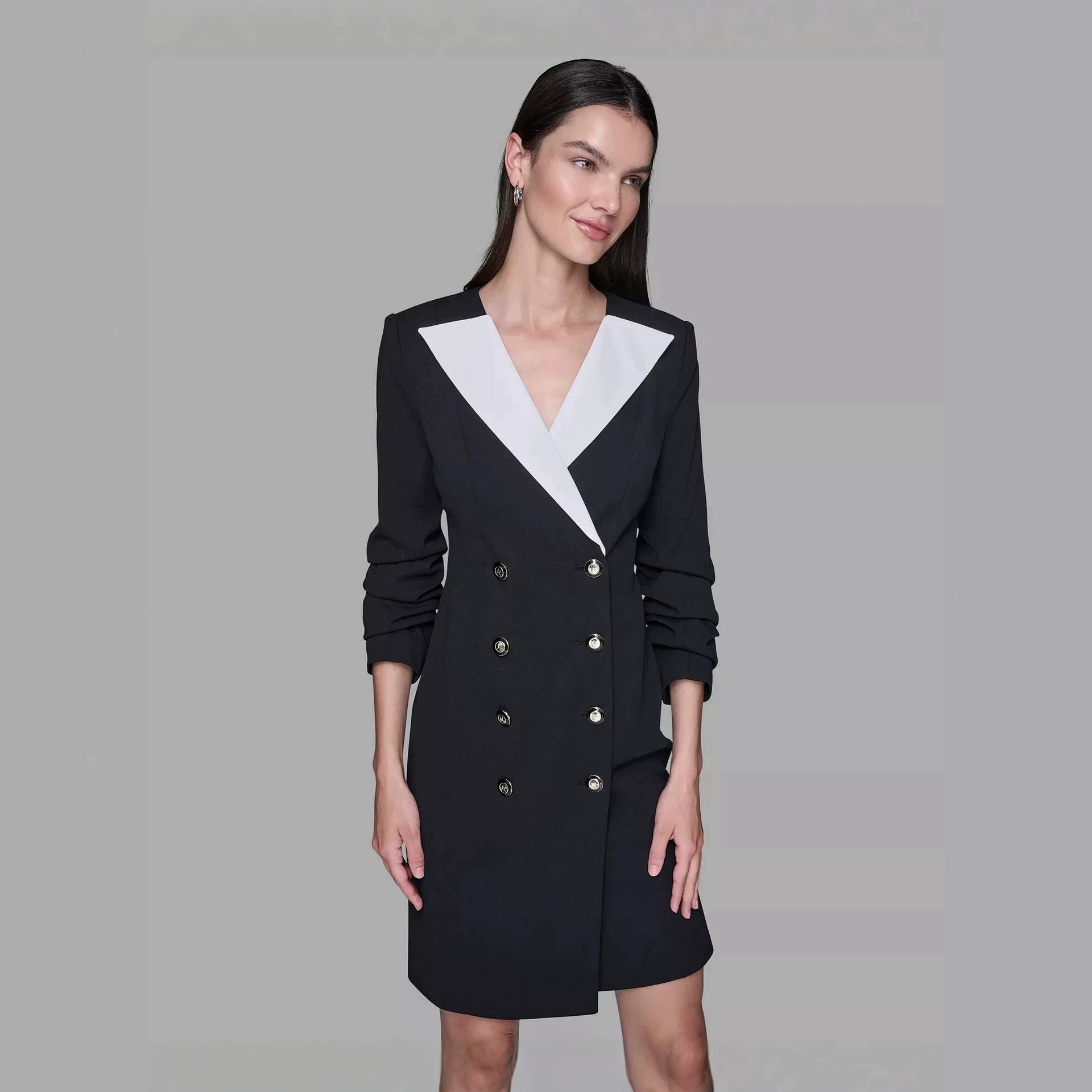 Ladies Double-Breasted Blazer Dress with Contrasting Shawl Collar Chichicherry