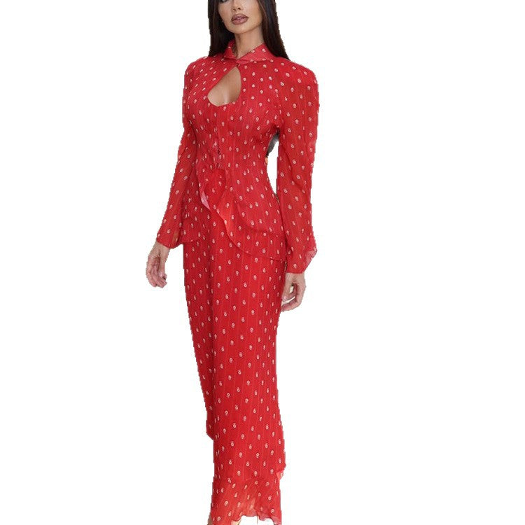 Women's Tailored Midi Dress with Keyhole Neckline, Peplum and Long Puff Sleeves Chichicherry