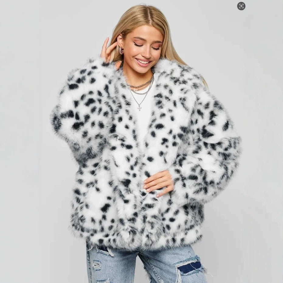 Women Short Hooded Faux Fur Jacket with Boxy Silhouette and Polka Dot Shaggy Texture Chichicherry