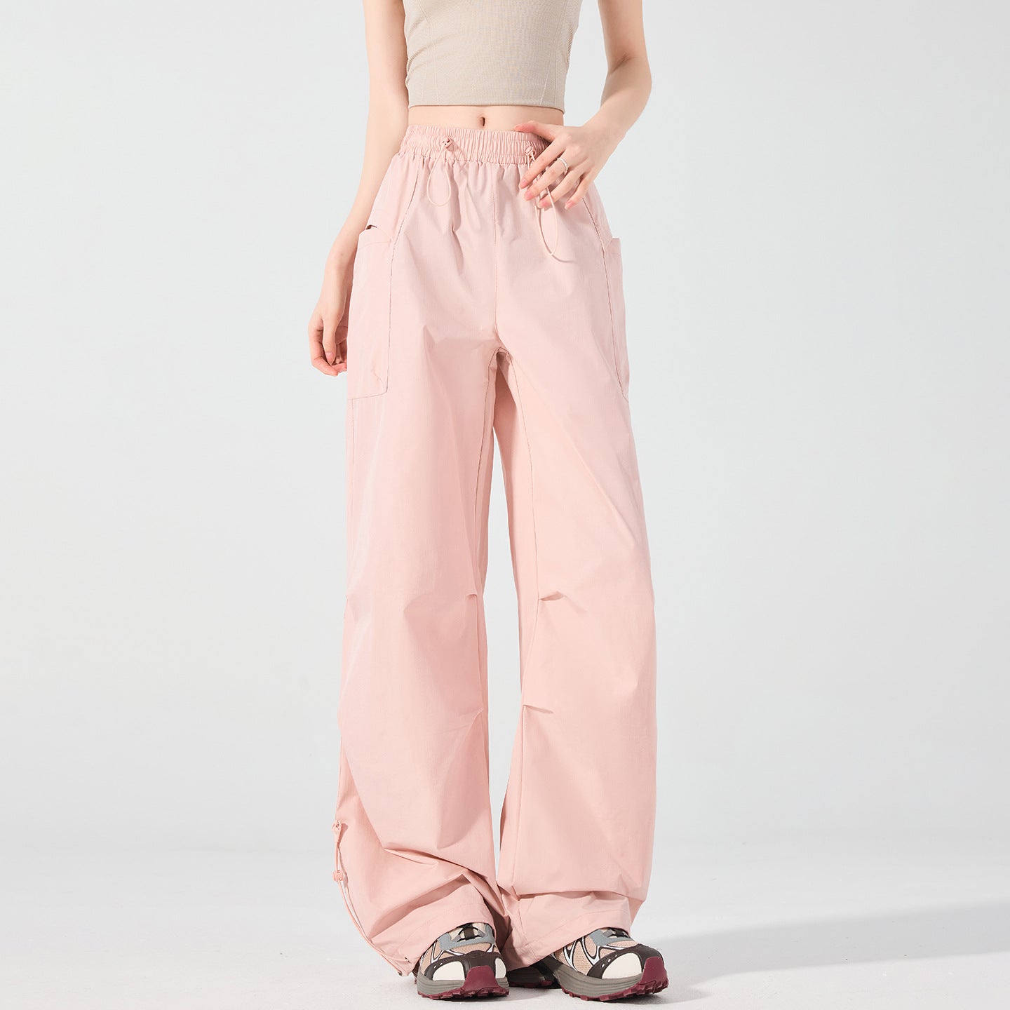 Women's Wide Technical Cargo Pants with Drawstring Waistband, Adjustable Hem, and Multifunctional Pockets Chichicherry