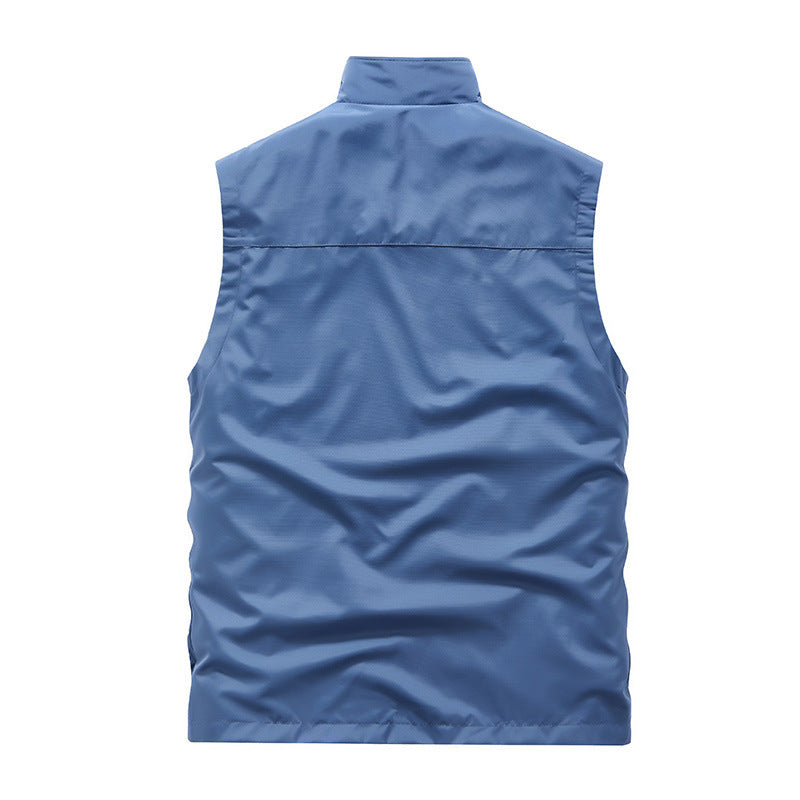 Men's Sleeveless Softshell Utility Vest with High Stand Collar, Two-Way Zipper and Concealed Pockets