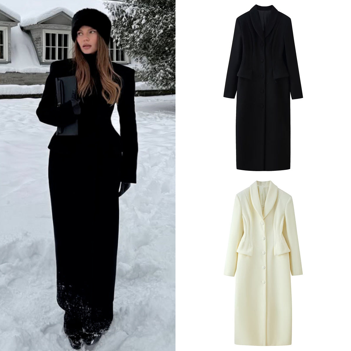 Women's tailored long coat with shawl collar and peplum waist Chichicherry