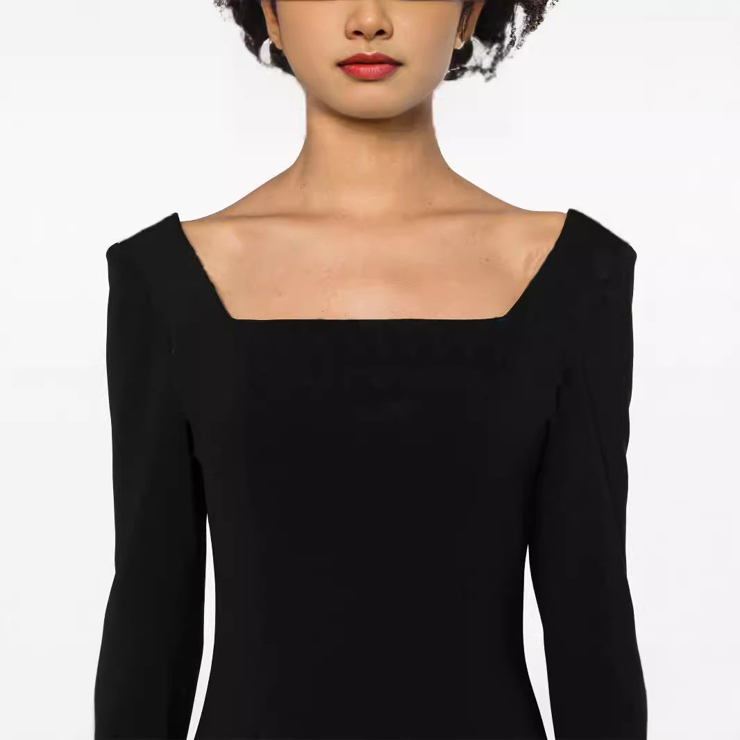 Women's Maxi Length Evening Dress in Minimalist A-Line Cut with Square Neckline and Long Sleeves Chichicherry