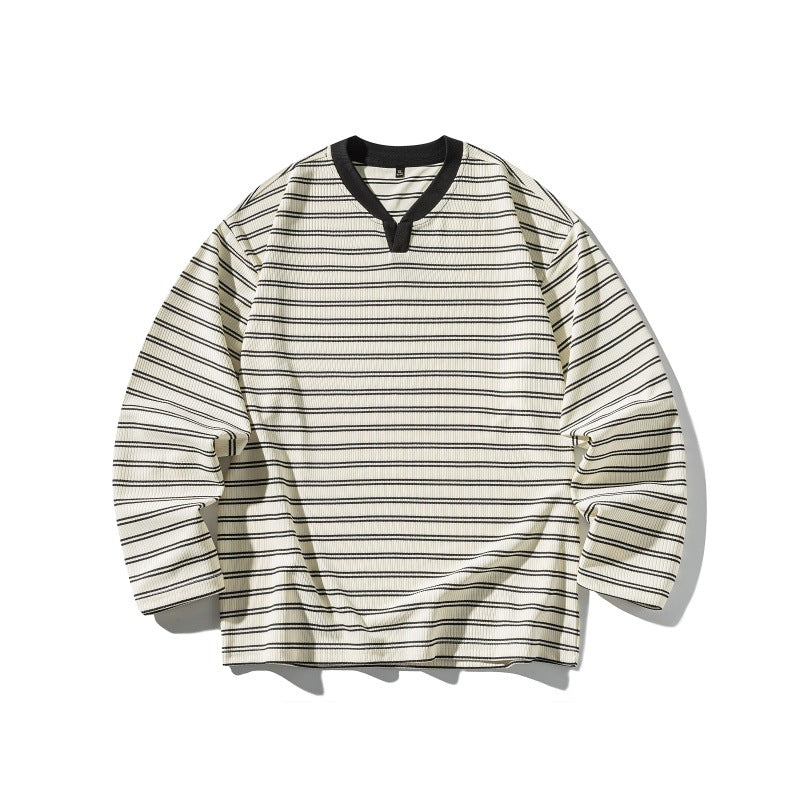 Unisex Striped Textured Long Sleeve with Notch V-Neck and Ribbed Structure Chichicherry