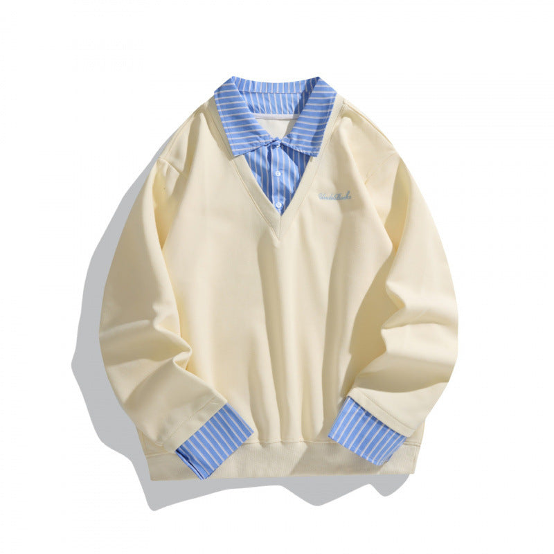 Unisex Layered Look Sweatshirt with V-Neck, integrated Shirt Collar and Striped Cuffs Chichicherry
