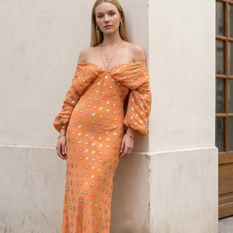 Women Elegant Off-Shoulder Maxi Dress with Twisted Front and Balloon Sleeves Chichicherry