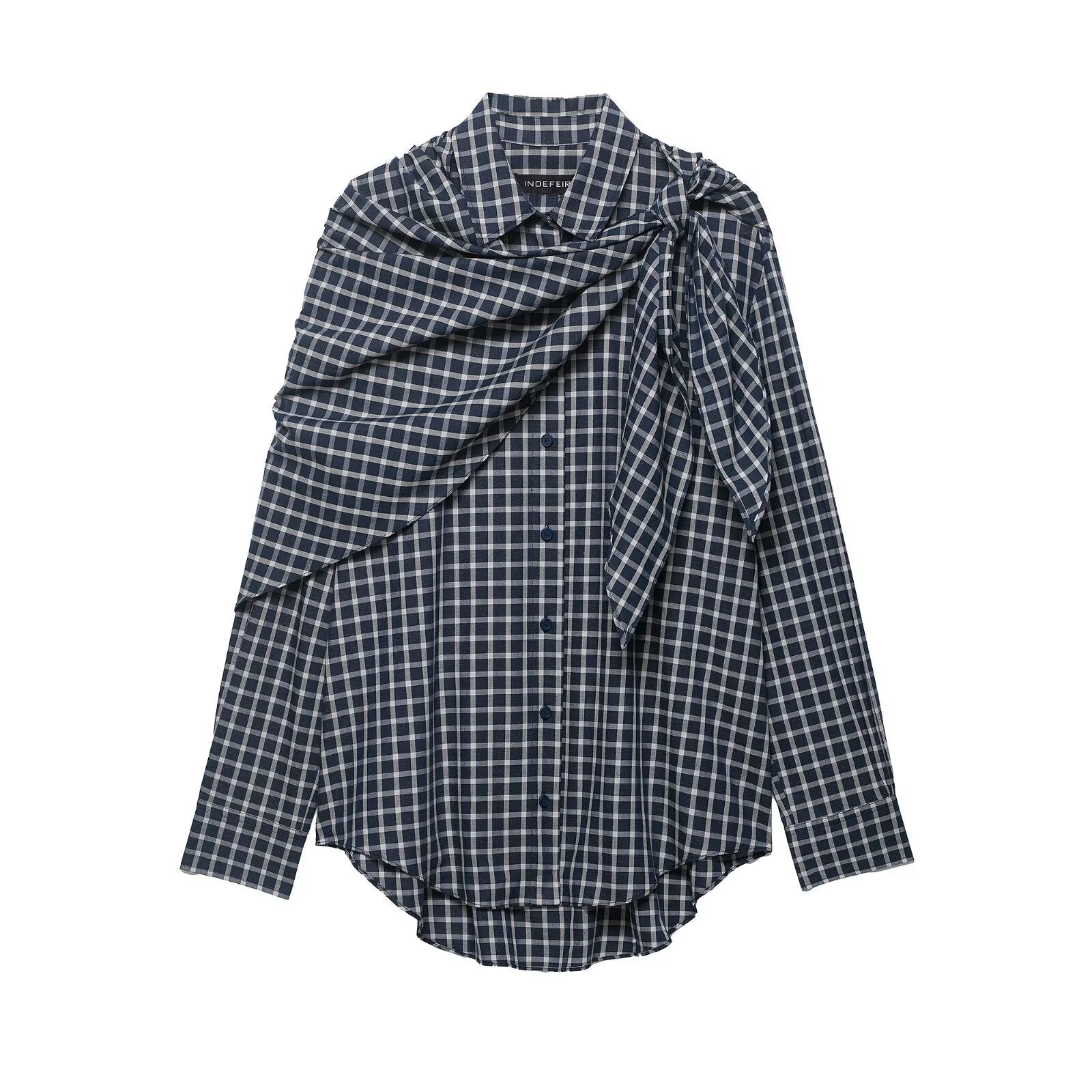 Women Oversize Shirt Blouse with Integrated Shoulder Scarf and Vichy Check Chichicherry
