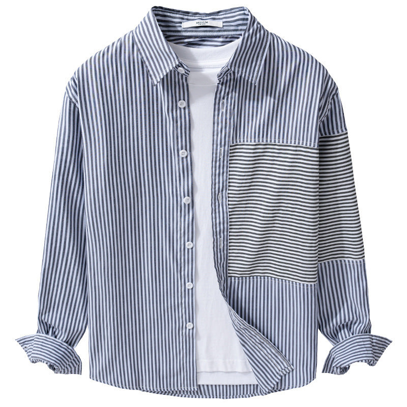 Men's Striped Patchwork Shirt with Chest Patch and Relaxed Fit Chichicherry