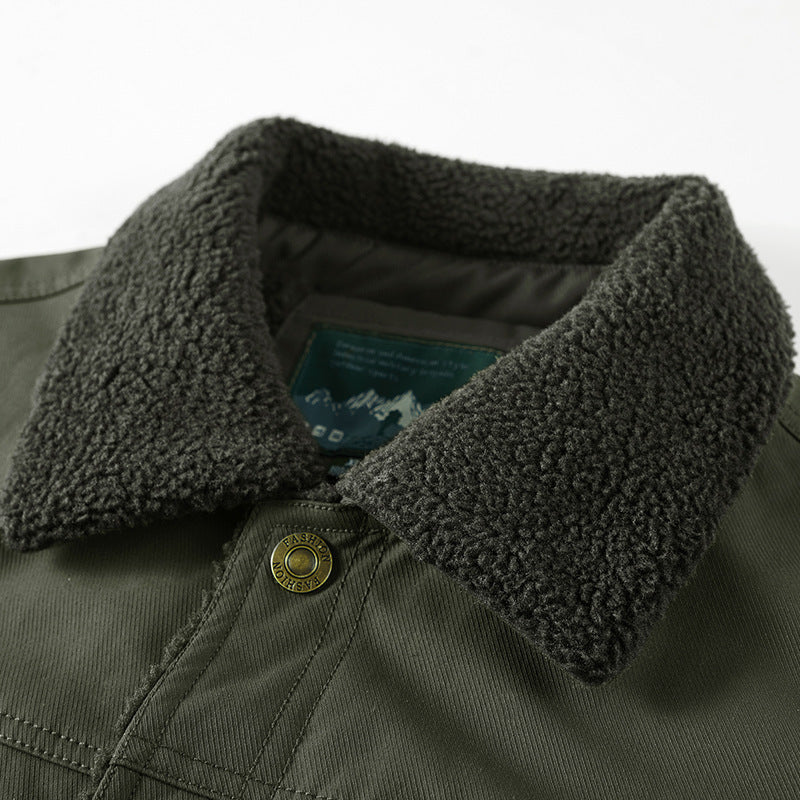 Men's Lined Canvas Trucker Jacket with Teddy Fleece Lining and Shirt Collar Chichicherry