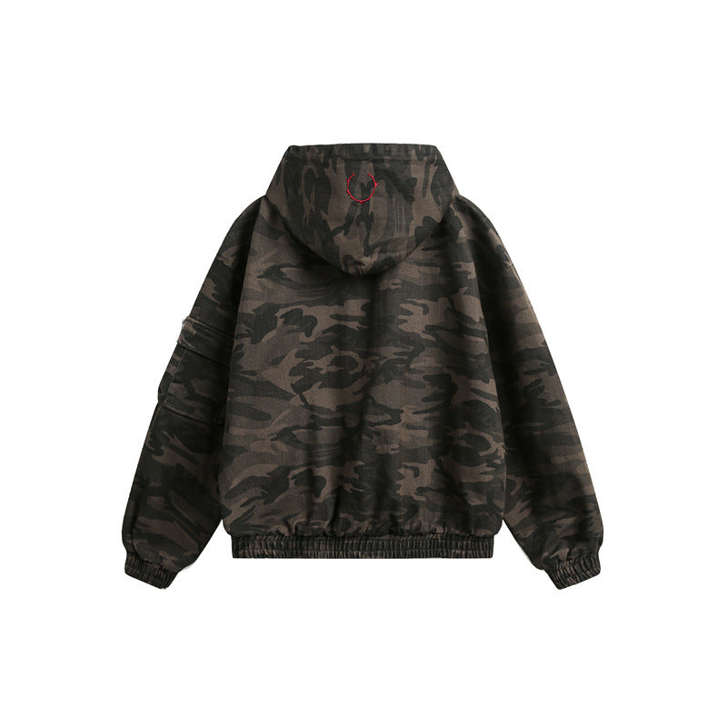 Men's Camouflage Boxy Field Jacket with Hood, Utility Pockets and Elastic Hem Chichicherry
