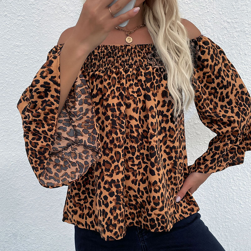 Women's Carmen blouse with smocked cuffs, off-the-shoulder neckline, and leopard print Chichicherry