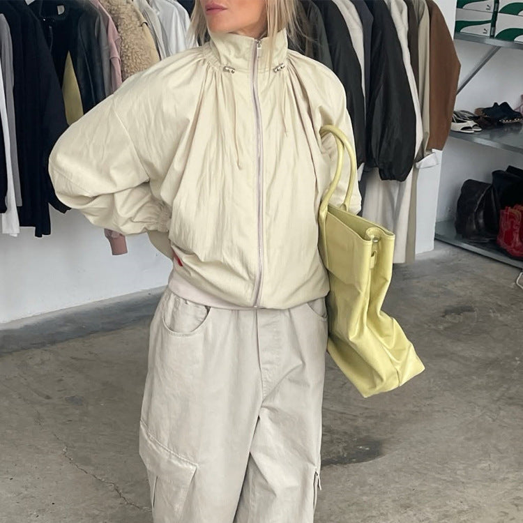Women's Oversize Windbreaker with high stand-up collar, drawstring shoulder yoke, and balloon sleeves Chichicherry
