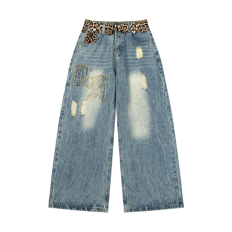 Ladies wide Palazzo jeans with destroyed details, leopard waistband and gothic embroidery Chichicherry