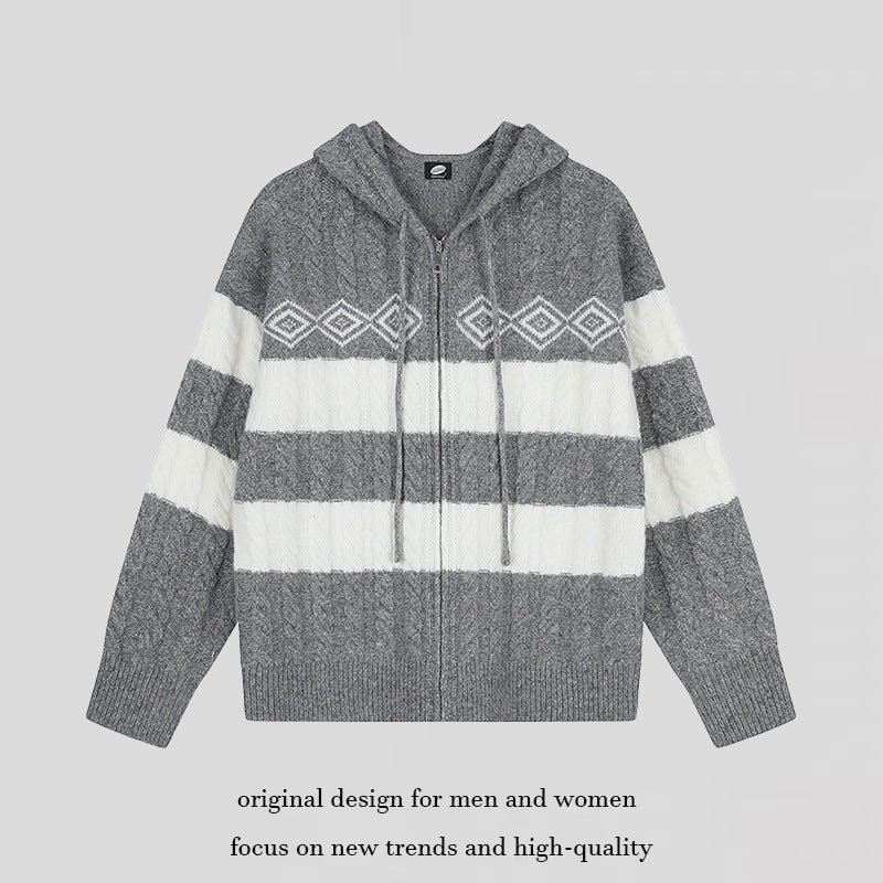 Women's chunky knit hooded cardigan with cable knit, block stripes, and full-length zipper Chichicherry