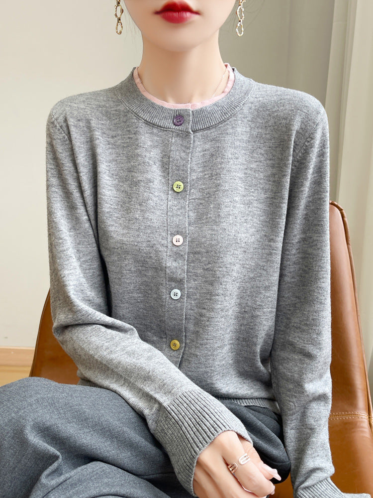Women Lightweight Fine Knit Cardigan with Round Neckline and Colorful Buttons Chichicherry